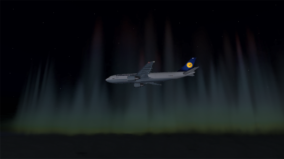 A300-600F mit Nordlichtern am Himmel